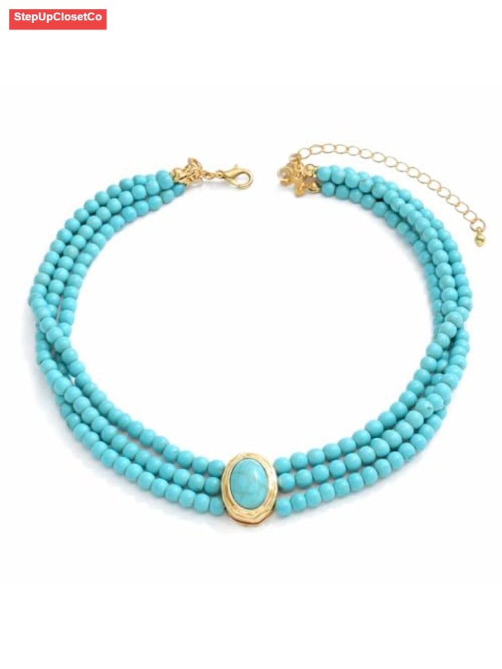 Multi-Strand Beaded Choker Necklace with Oval Faux-Turquoise Pendant,